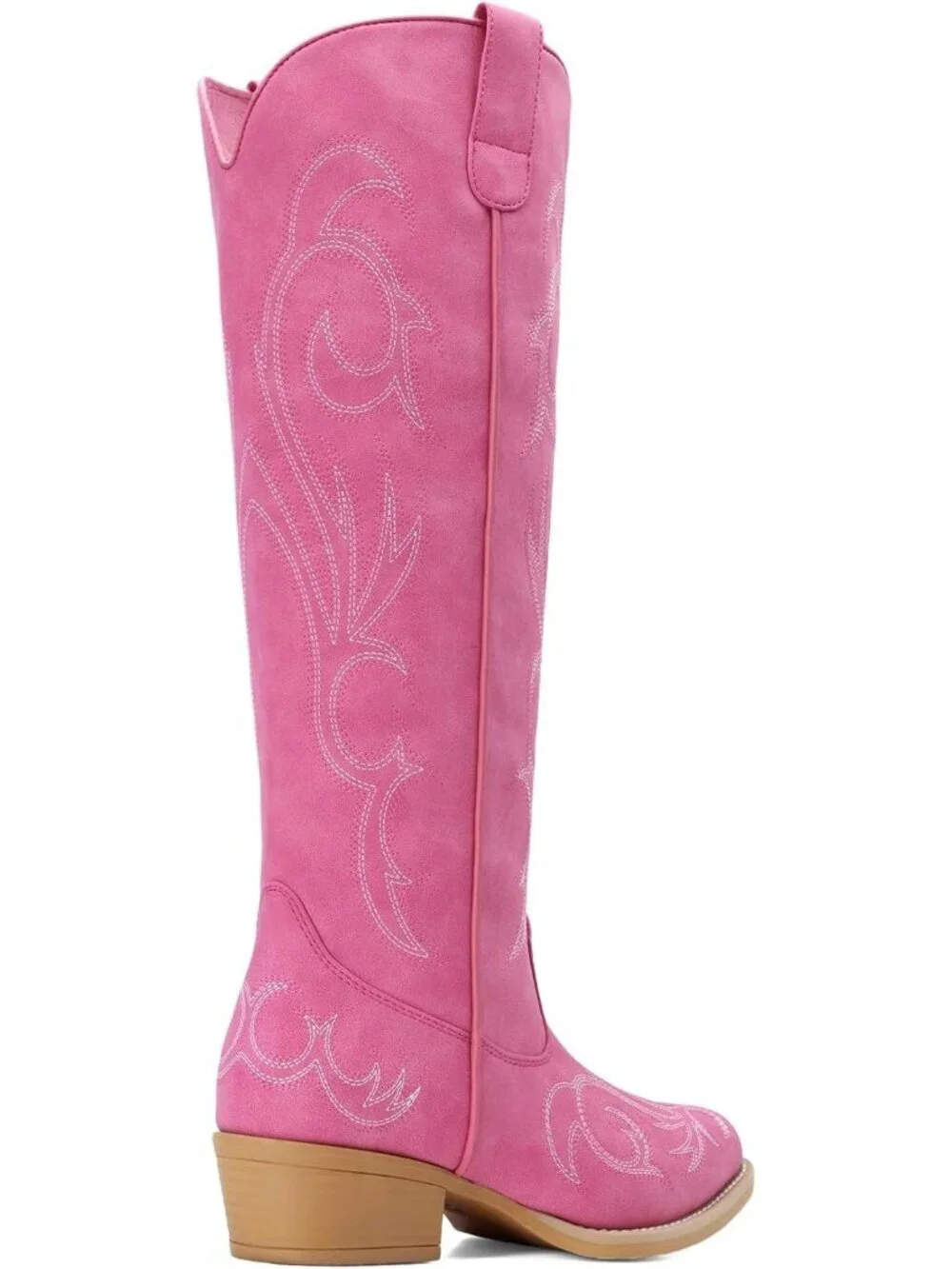 Women's Pink Rubber Cowgirl Knee High Pointed Toe Block Heel Embroiderd Boots